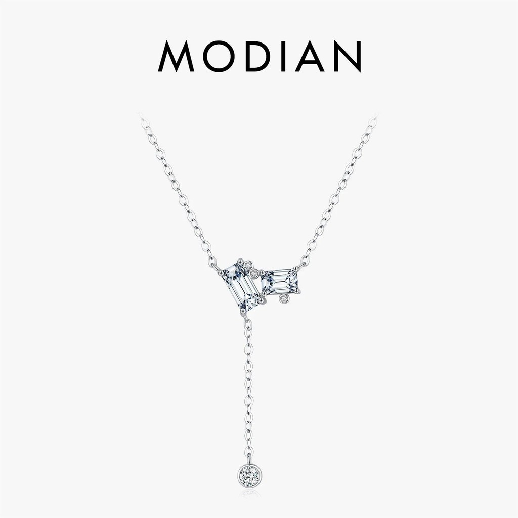 Modian 925 เงินสเตอร์ลิงประณีตสี่เหลี่ยมผืนผ้า CZ Link Chain Lariat Y รูปร่างจี้สร้อยคอผู้หญิงเครื่องประดับ Fine