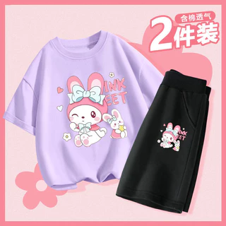 ชุดเด็กผู้หญิง My Melody แขนสั้นสองชิ้นที่มีสไตล์ ชุดใหม่ฤดูร้อนน่ารัก