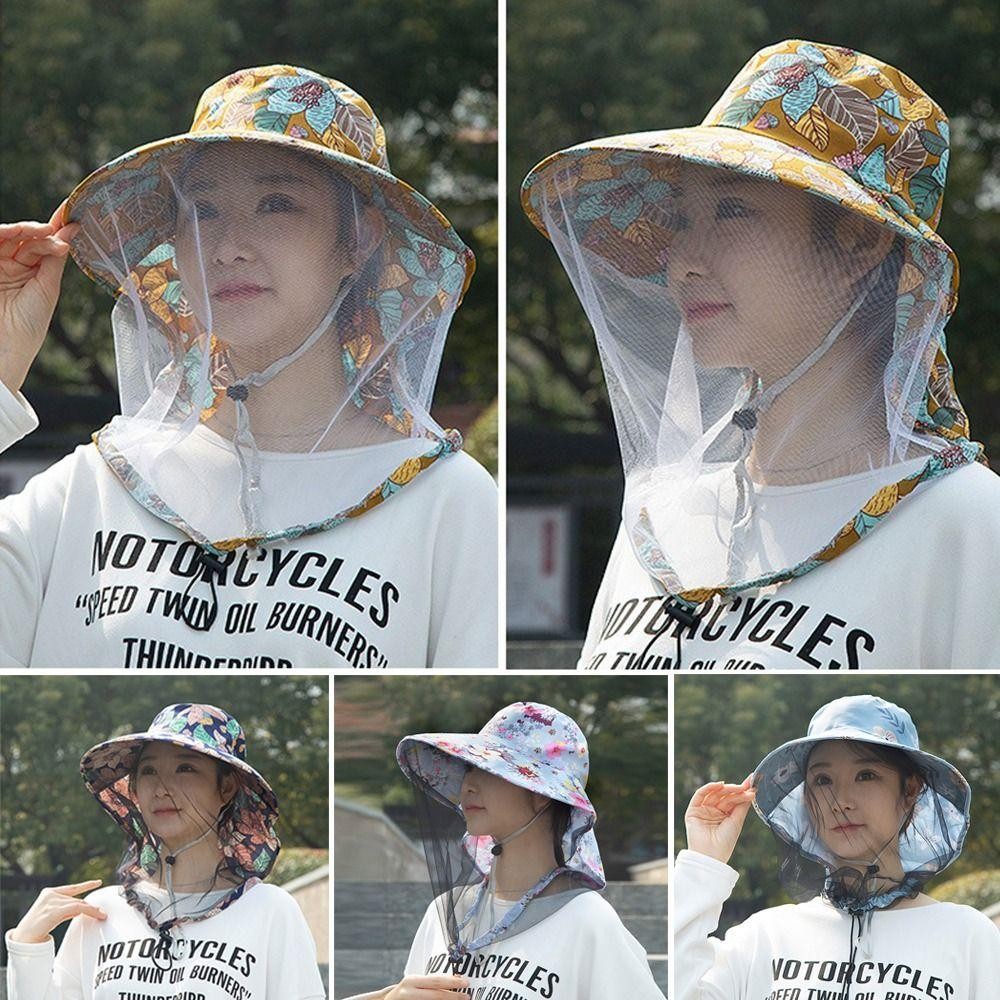 ชางไน หมวกกันแดดตกปลาปีกกว้างพร้อมหมวกกันยุงตาข่ายแฟชั่นดอกไม้ป้องกันรังสียูวีระบายอากาศหมวกถังกลางแจ้ง - รูปที่ 4