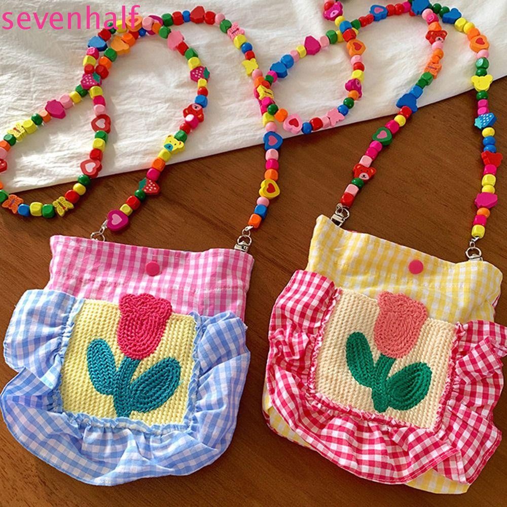 เซเว่นฮาล์ฟ มือถักกระเป๋า, ลูกปัดสีแฮนด์เมดกระเป๋าโครเชต์ผู้หญิง, ดอกไม้น่ารักลายสก๊อตดอกทิวลิปกระเป๋าสะพายข้างเดียวกระเป๋าถือ
