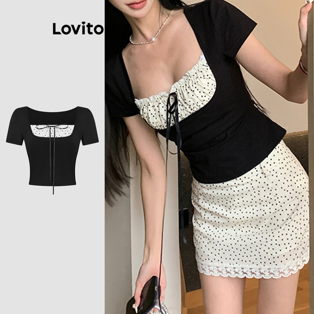 Lovito ผู้หญิงเสื้อลูกไม้ลายจุดน่ารักหรือเสื้อท่อนล่าง L114AD737
