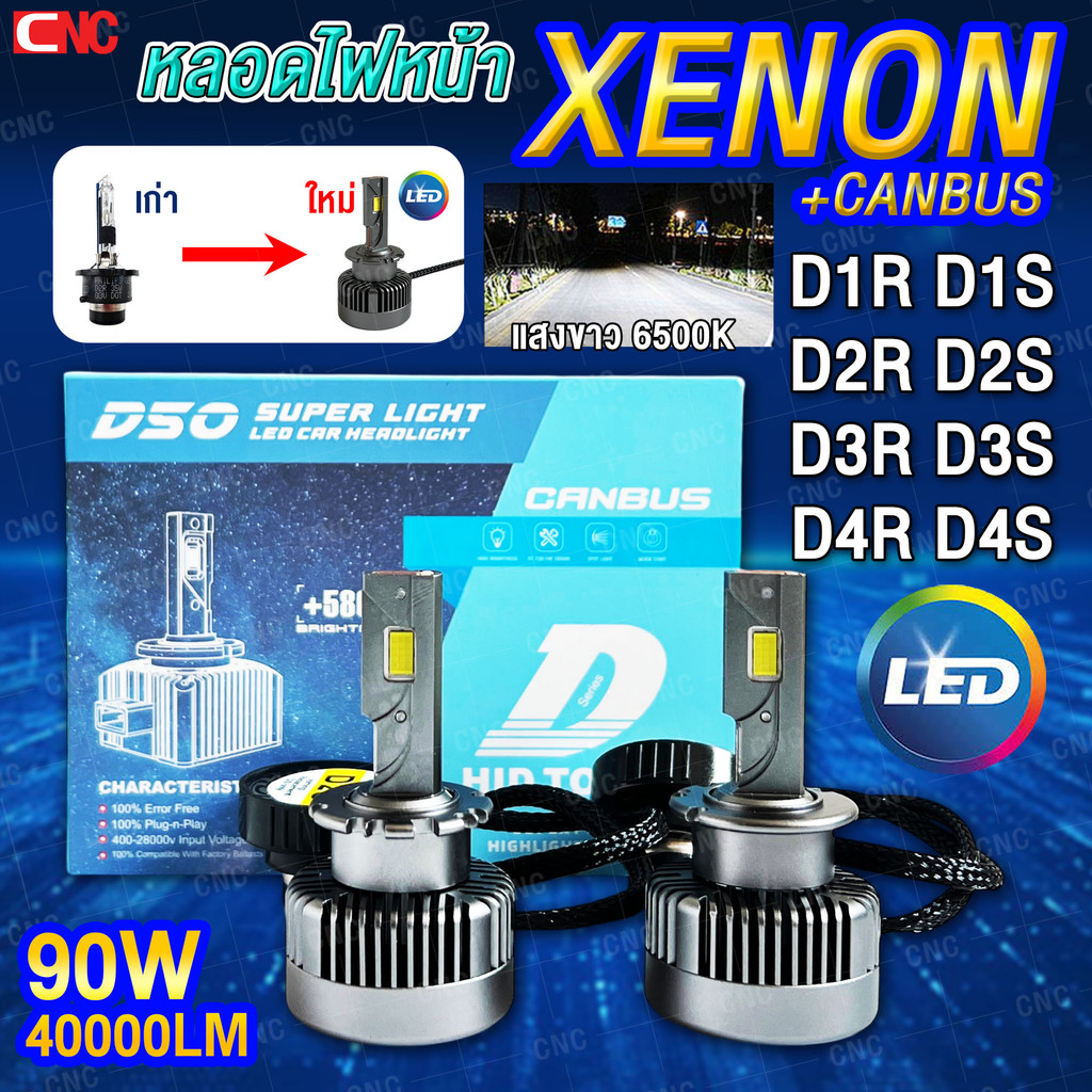 (ประกัน1ปี) (1คู่) หลอดไฟหน้า ซีนอล LED D1R D1S D2R D2S D3R D3S D4R D4S HID 70W 40,000K D50 Series