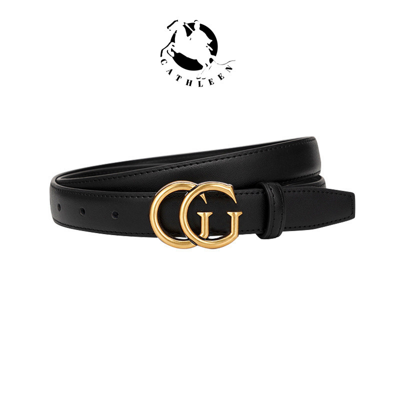 CATHLEENเข็มขัดสีดำตกแต่งหนังแท้สำหรับสุภาพสตรี2024คุณภาพสูงออกแบบใหม่เข็มขัดเดนิมเฉพาะกลุ่ม