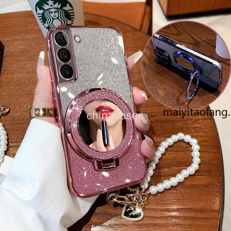 สําหรับ Samsung S22 S23 Ultra S23FE S23 + หรูหราวงเล็บแม่เหล็ก TPU แฟลชนุ่มกระจกแต่งหน้า + สร้อยข้อมือเคสโทรศัพท์