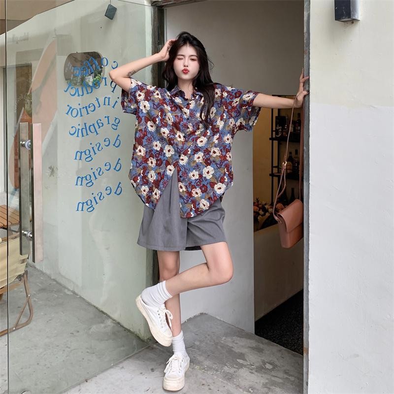 Hotgirl เสื้อเชิ้ตฮาวายผู้หญิง ลายดอกไม้ แขนสั้น ทรงหลวม thumbnail 8