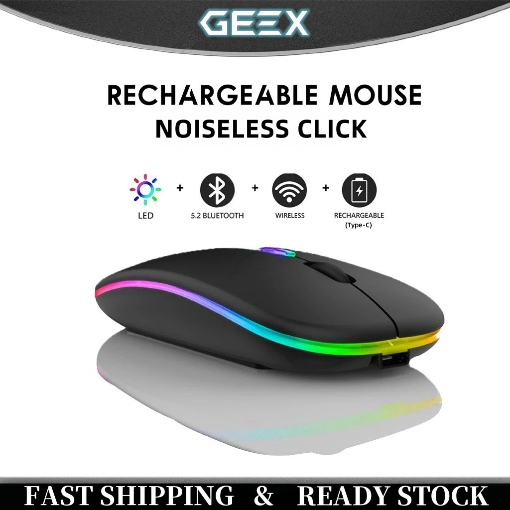 พร้อมสต็อก บลูทูธ + 2.4G + RGB Light ไร้สายชาร์จเมาส์เมาส์ Ultra-Thin Silent Mouse Mute สําหรับแล็ปท็อป PC คอมพิวเตอร์สํานักงาน P2