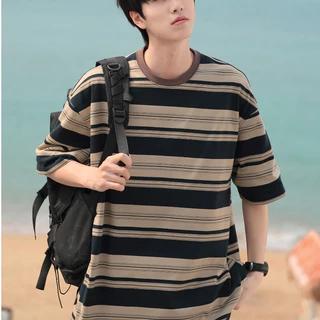 M&M แขนสั้นลายทาง วินเทจ เสื้อผ้าผู้ชาย ผ้าดีใส่สบาย สไตล์เกาหลี เสื้อผ้าแฟชั่น ใส่ได้ทั้งชายหญิง