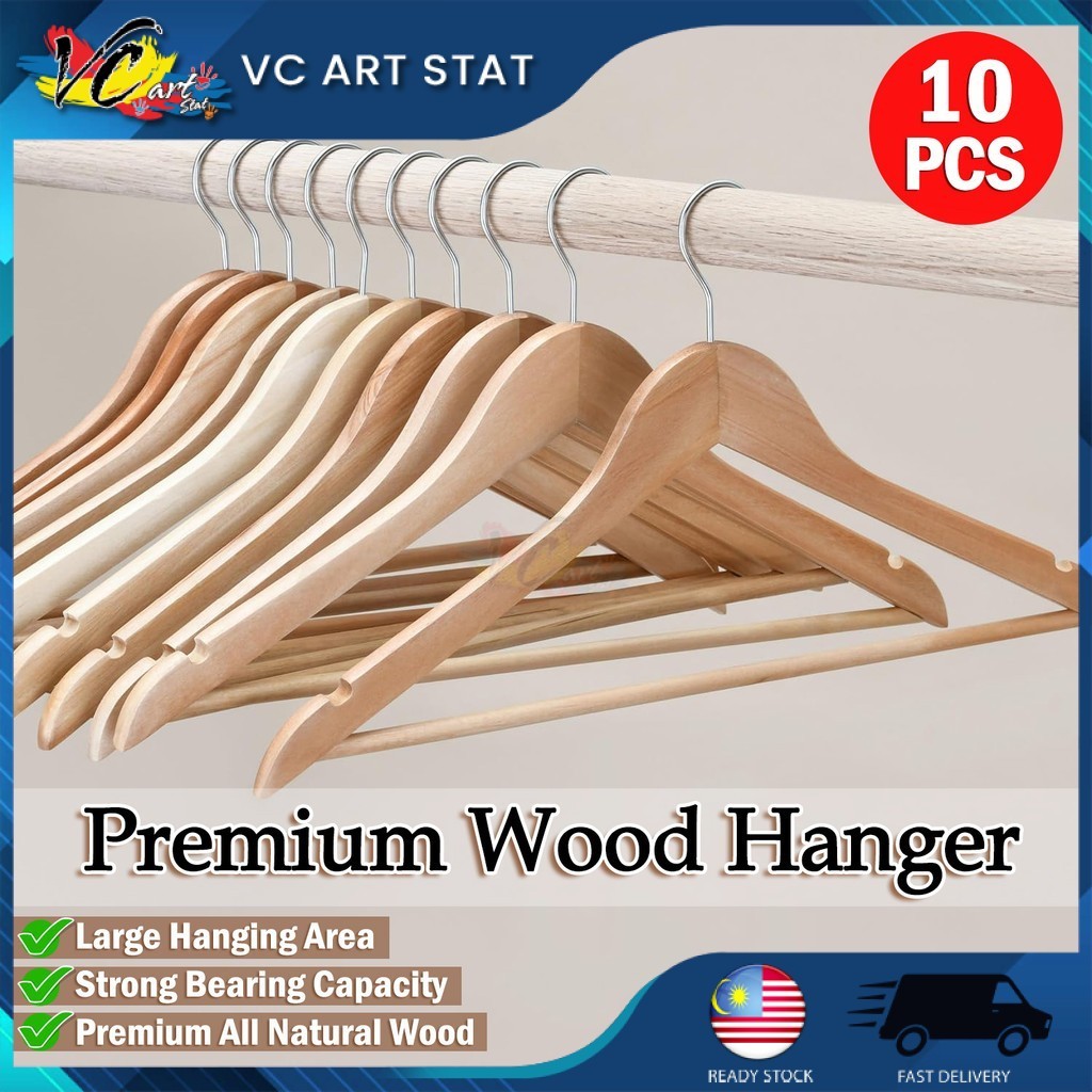 VC Art ไม้แขวนสูทไม้ระดับพรีเมียม - ทนทาน หยัก ตะขอหมุนได้ 360 (10 ชิ้น) Penyangkut Baju