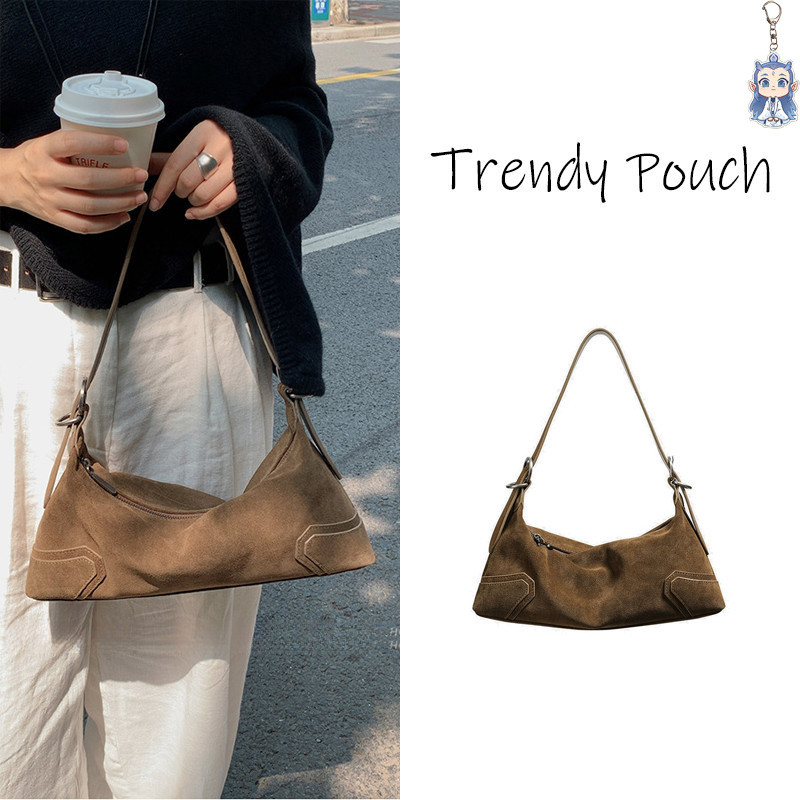 TRENDY  POUCH  กระเป๋าหนังกลับ hobo กระเป๋าสะพาย หนังนิ่ม ย้อนยุค สีน้ำตาล suede bag สวยๆ