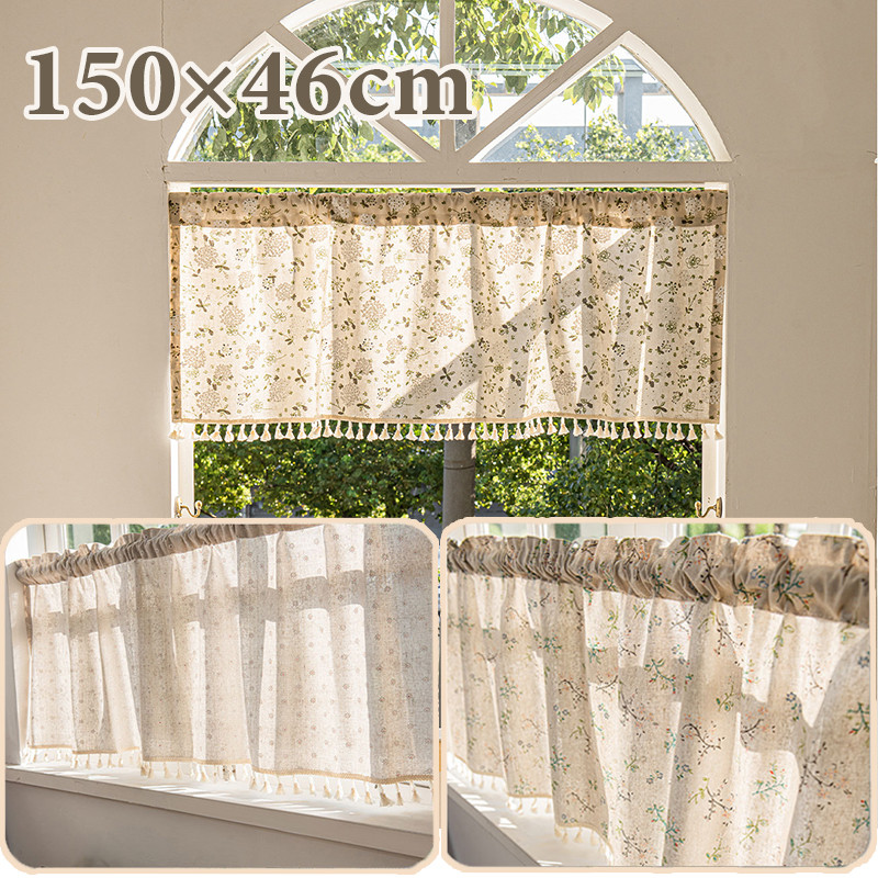 ผ้าม่านสั้น 150×46cm ครึ่งหน้าต่าง ผ้าม่านผ้าฝ้าย ม่านคาเฟ่ พู่ รูปแบบของสวน สําหรับตกแต่งห้องครัว