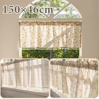 ผ้าม่านสั้น 150×46cm ครึ่งหน้าต่าง ผ้าม่านผ้าฝ้าย ม่านคาเฟ่ พู่ รูปแบบของสวน สําหรับตกแต่งห้องครัว