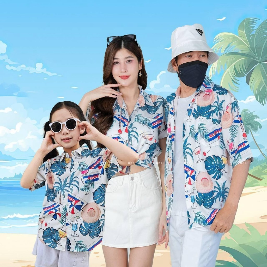 PINKเสื้อฮาวายไซส์ครบทีม มีไซส์เด็ก-ไซส์ผู้ใหญ่ ผ้าโพลีเอสเตอร์ ใส่สบาย 8883