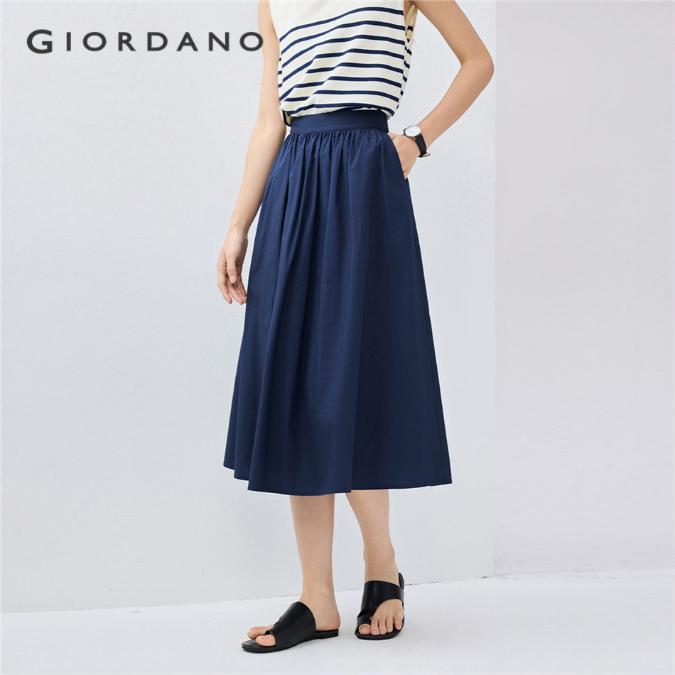 GIORDANO WOMEN 100% Cotton poplin pleated long skirt 05465086