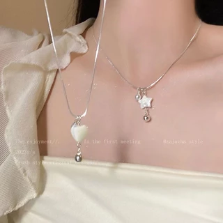 💝เครื่องประดับผู้หญิง💝สร้อยคอจี้เปลือกหอยมุกดาวห้าแฉก&หัวใจ สไตล์เกาหลีสีเงินโซ่ไหปลาร้าไม่ตกสี N196