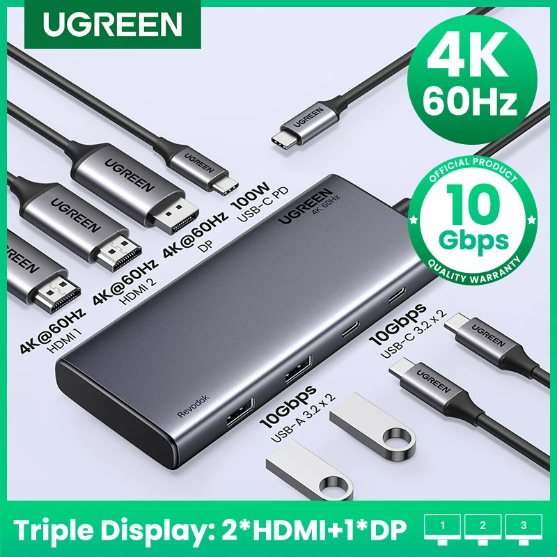 Ugreen Triple Display UsbC Husb 10Gbps 4K HDMI Adapter PD 100W 8-in-1 Usb Splitter สําหรับ MacBook P
