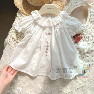 เสื้อยืดแขนพองคอปักลายฝ้าย100% สำหรับเด็กผู้หญิงฤดูร้อนเสื้อ…