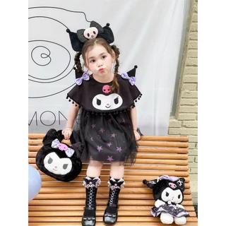 🧸 ส่งจากไทย🧸ชุดเด็กผู้หญิง Kuromi เดรสเจ้าหญิง 1-8ปี ผ้าฝ้ายแขนสั้น ลายการ์ตูน สไตล์เกาหลี สําหรับไปงานปาร์ตี้ Halloween แม่มด สีดํา