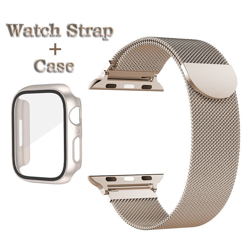 Starlight米兰金属表带 + PC+玻璃壳 + 不锈钢表带适配 Apple Watch 42/46/41/40/44/45/49mm iWatch Series 11/10/9/8/7/6/5/SE/Ultra