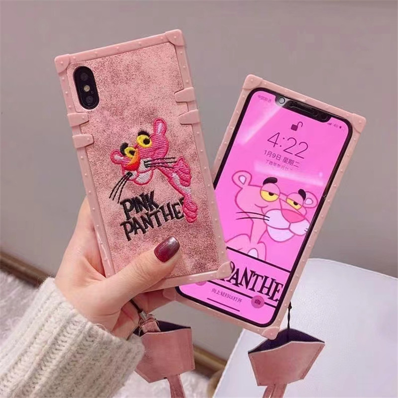 เคสโทรศัพท์มือถือ ทรงสี่เหลี่ยม ลายการ์ตูน Pink Panther น่ารัก พร้อมสายคล้อง สําหรับ Oppo A38 A98 A96 A79 A78 A77s A17K A17 A58 A57 A18 A95 A16 A55 A54
