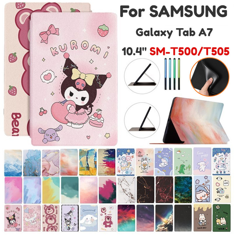 Kuromi Melody Labubu Crayon Shin Chan การ์ตูนทาสีนูน PU หนังสําหรับ Samsung Galaxy Tab A7 10.4 SM-T500 T505 T507 T509 ฝาครอบขาตั้งเด็กผู้ถือ Shell