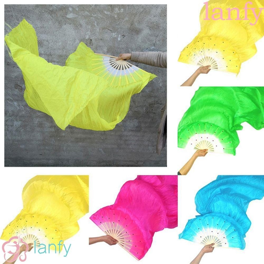 Lanfy พัดผ้าไหม มือขวา ​พัดไม้ไผ่ ทรงสี่เหลี่ยม ยาวพิเศษ แฮนด์เมด ทนทาน 5 สี สําหรับเต้นรํา ปาร์ตี้