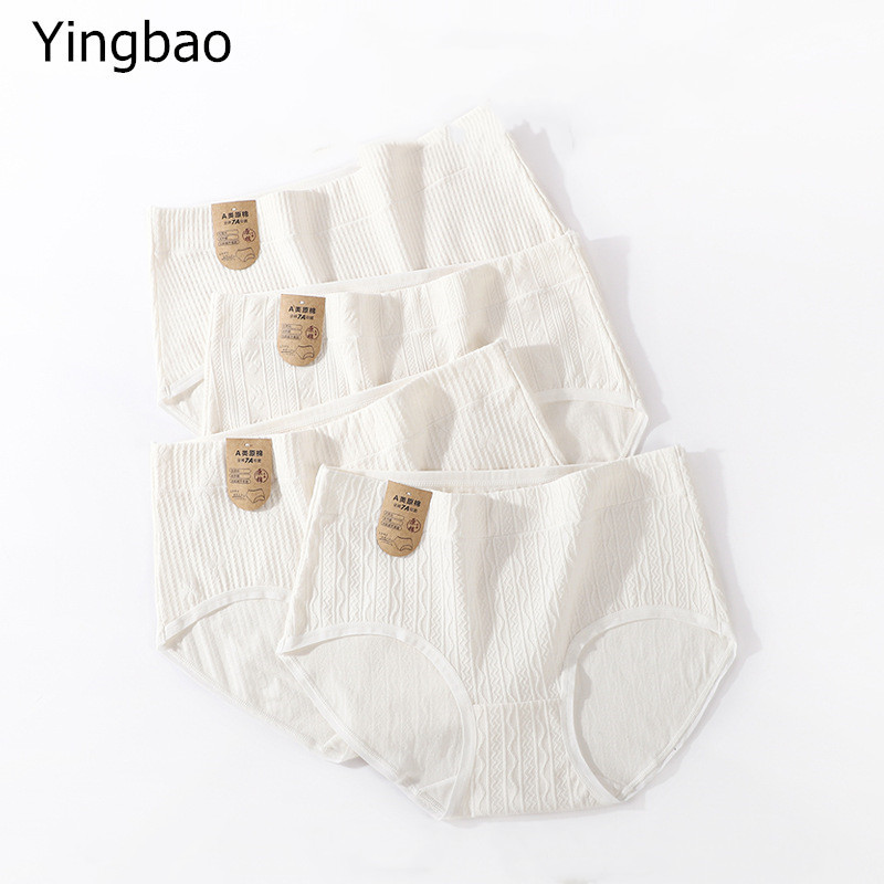 Yingbao กางเกงชั้นใน ผ้าฝ้าย เอวกลาง พลัสไซซ์ สีขาว สําหรับผู้หญิง