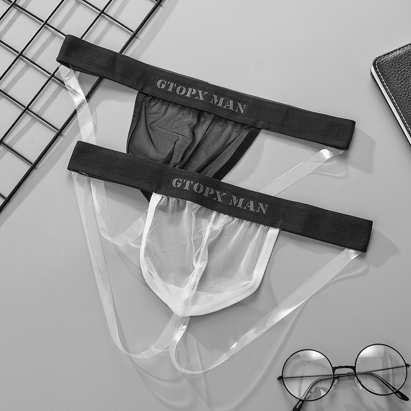 ใหม ่ ผู ้ ชาย Unique Ice Silk Thong ชุดชั ้ นในโปร ่ งใส Double Thong Ultra-Thin Cool Breathable สีดําสีขาว