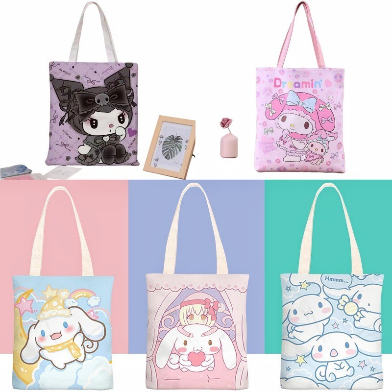 Sanrio Hellokitty กระเป ๋ าผ ้ าใบ Kuromi Cinnamoroll My Melody กระเป ๋ าสะพายไหล ่ ผู ้ หญิง Casual ความจุขนาดใหญ ่ ช ้ อปปิ ้ งสาวของขวัญ