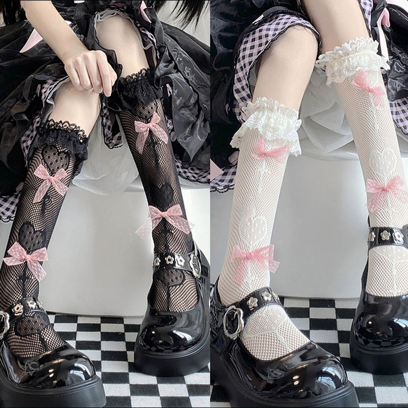 พร้อมส่ง ถุงเท้ายาวถึงเข่าผู้หญิง JK ถุงเท้าลูกไม้ของผู้หญิง ตกแต่งโบว์ สไตล์โลลิต้า