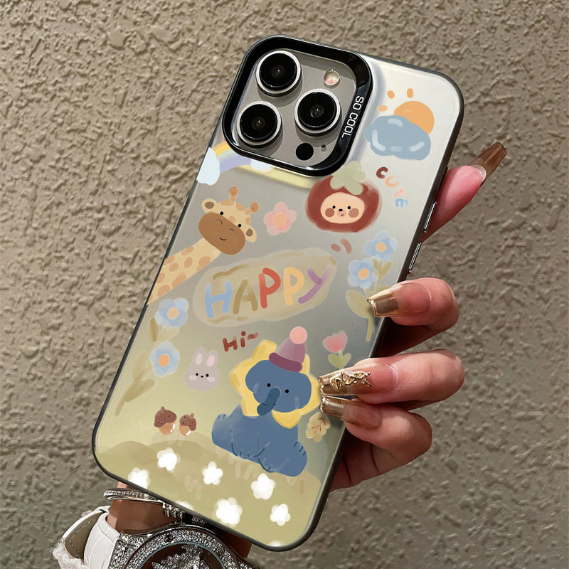 For iPhone 13 12 14 11 15 Pro Max XR X XS SE 7 8 Plus เคส สัตว์มีความสุข ป้องกันการตก ซิลิโคนนุ่ม แวววาวสีเงินชุบ Case