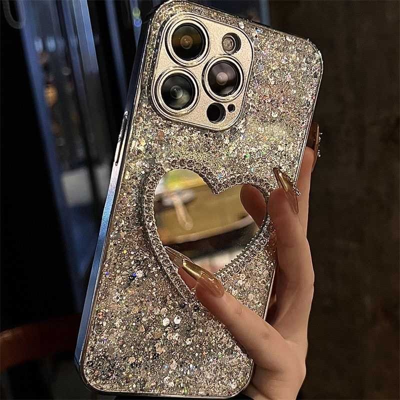 Makp up Diamond Love Mirror Silvery Sparkly Bling Soft สําหรับ iP iPhone 15 14 13 12 11 Pro Max 15plus 15prm 12prm 11prm promax สาวผู ้ หญิง Electroplated Apple แฟชั ่ นหรูหรา