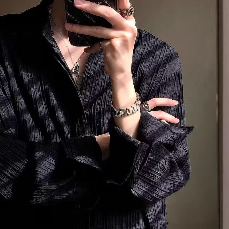 เวอร์ชั่นเกาหลีหลวมจีบเสื้อแขนยาวผู้ชายฤดูใบไม้ผลิอินเทรนด์ความรู้สึกระดับไฮเอนด์ คนพาล หล่อสบายๆเสื้อที่ไม่ใช่เหล็ก ม-3เอ็กแอล