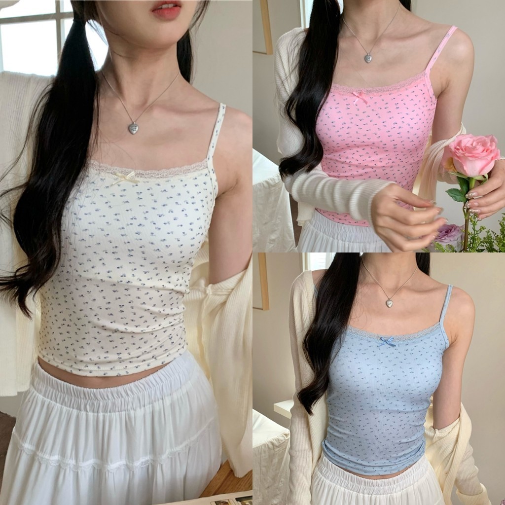 Evelyn เสื้อครอป ลายดอกไม้ มีฟองน้ำ โบว์ลูกไม้ เสื้อสายเดี่ยว สไตล์ลำลอง #XP9094