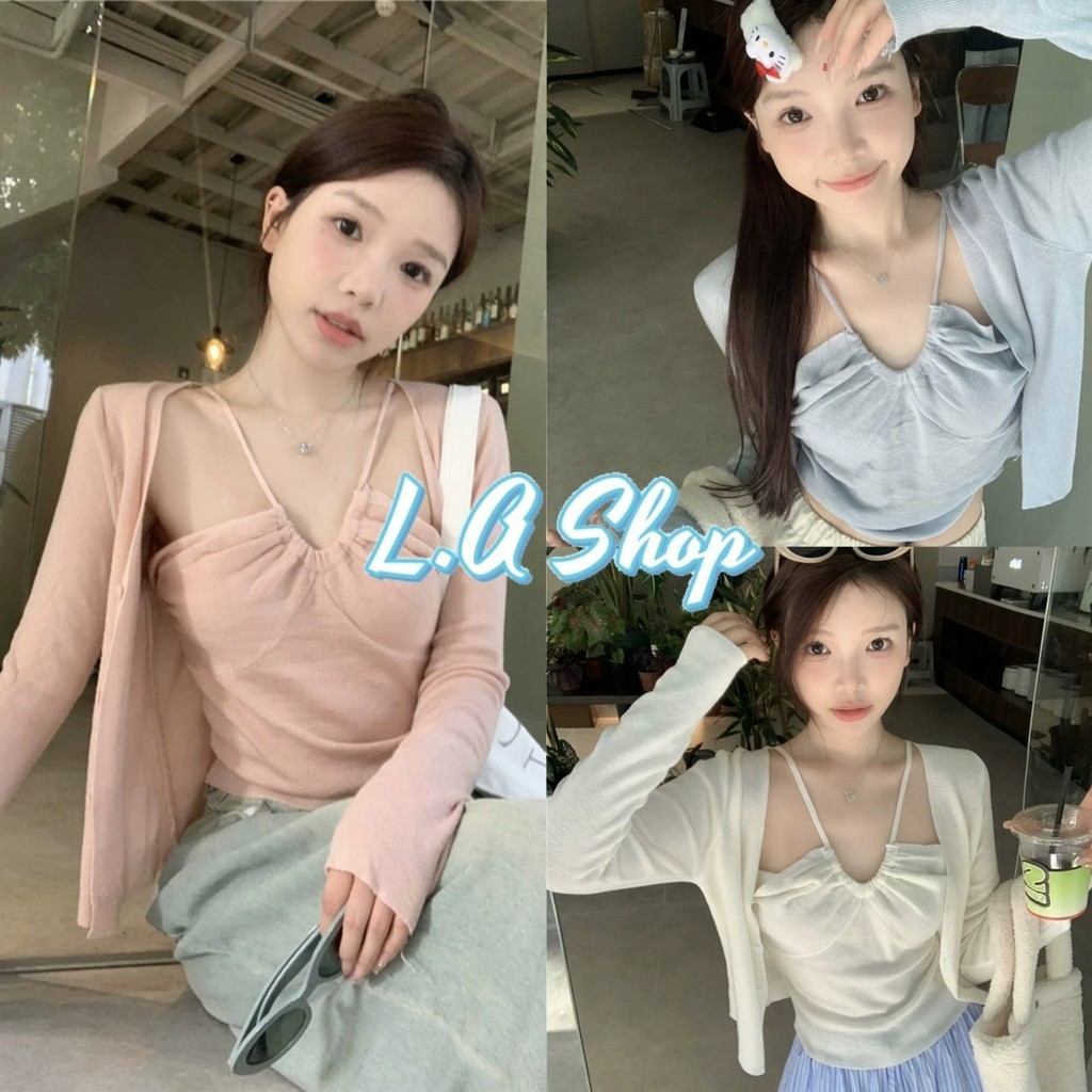 L.A Shop พร้อมส่ง เสื้อคลุม+สายเดี่ยวไหมพรม สีพาสเทลน่ารัก ใส่สบายมาก "N13+N13-1"
