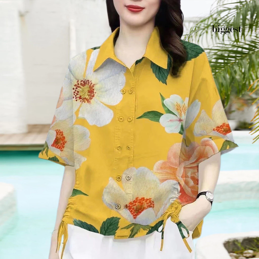 เสื้อลำลองแขนสั้นลายดอกไม้ กระดุม เชือกรูด ทรงหลวม thumbnail 3