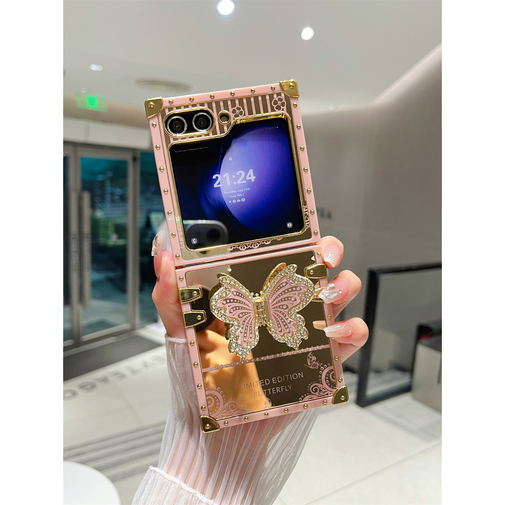 พรีเมี่ยมหรูหราออกแบบขาตั้งพับเคสโทรศัพท์สําหรับ Samsung Galaxy Z Flip 3 4 5 6 Anti-Scratch ShookProof สําหรับ Z Flip6 พร้อมผีเสื้อวงเล็บสแควร์เคสโทรศัพท์ฝาครอบป้องกัน