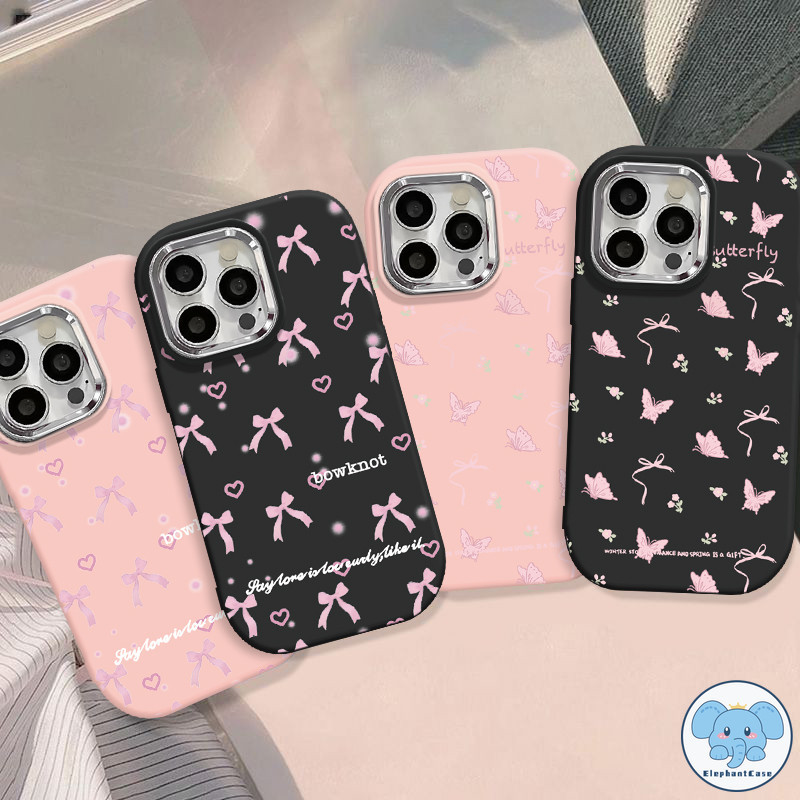 คู่รัก ภาพสีน้ำมัน น่ารัก โบว์สีชมพู การ์ตูน ความรัก เคสหัวใจ iPhone 11 15 13 XR 14 12 Pro Max 7 8 Plus X XS Max SE