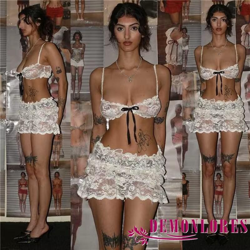 Demonlores-ผู้หญิง 2 ชิ้นกระโปรงชุด Bowknot Spaghetti Strap แขนกุดลูกไม้ Cami Tops มินิกระโปรง