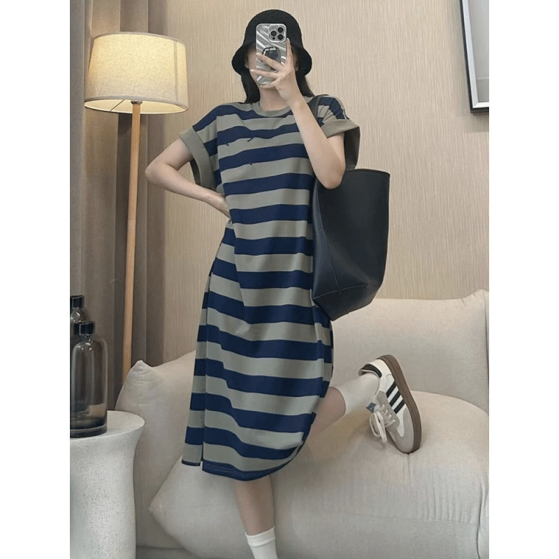 ฤดูร ้ อนไหล ่ หยดความยาวกลางเหนือเข ่ า Western Stripe Contrast สีเสื ้ อยืดชุด