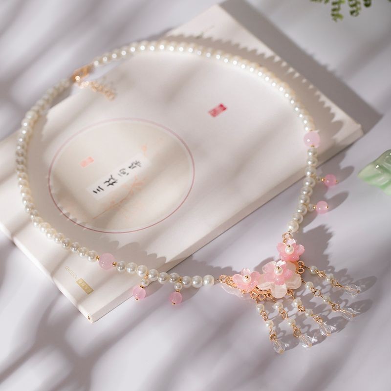 Hanfu อุปกรณ์เสริม Yingluo สร้อยคอหญิงโบราณ Super Fairy ทุกวันสีชมพู Cherry Blossom จี้เครื่องประดับสไตล์จีน Soft Yingluo