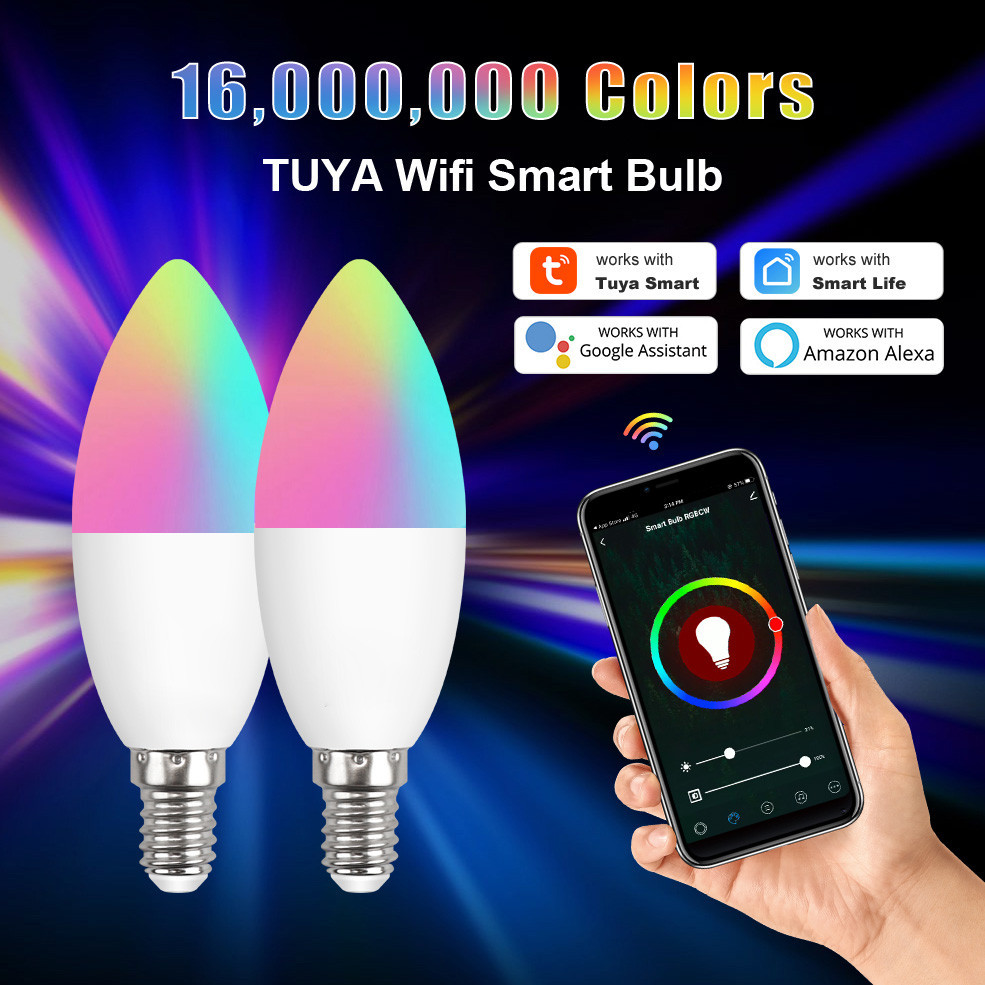 tuya rgb smart wifi ไฟ LED หลอดไฟ 6W E14 AC220V แอพควบคุมหลอดไฟ LED ทำงานร่วมกับ Alexa Google Assistant สำหรับการตกแต่งบ้าน