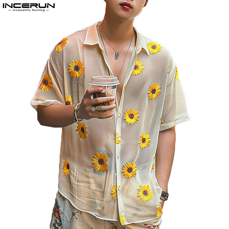 Incerun เสื ้ อเชิ ้ ตแขนสั ้ นพิมพ ์ ลายดอกไม ้ ลําลองเกาหลีสําหรับผู ้ ชาย