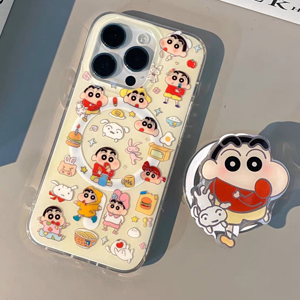 Crayon Shin-chan Magnetic Holder อุปกรณ์โทรศัพท์มือถือเคสโทรศัพท์สําหรับ IPhone 15 14 13 12 11 Pro Max สมาร์ทโฟนกันกระแทกปกอ่อน