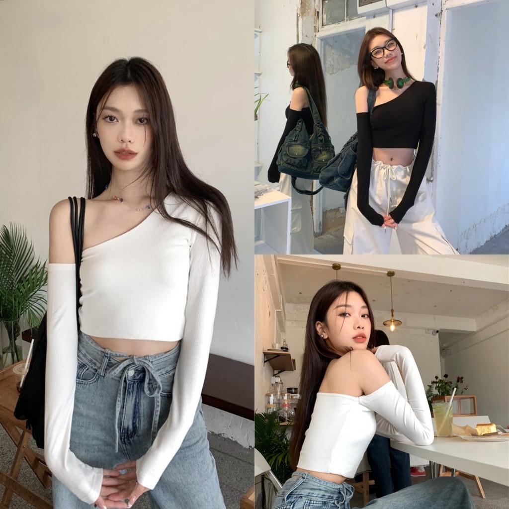 Anne เสื้อยืดผู้หญิง ปาดไหล่ ผ้านุ่ม ครอปแขนยาว แฟชั่น สาวๆเท่ๆชอบนะ#41065