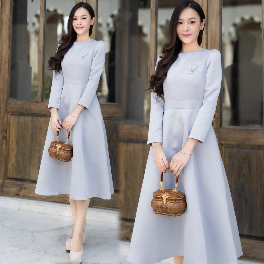 6 สี สีชมพู ขาว น้ำเงิน ดำ เทา ครีมทอง กลีบบัว เดรสออกงาน เรียบหรู ชุดเดรสแขนสี่ส่วน กระโปรงทรงเอเจ้าหญิงสวยมากค่ะ S-3XL
