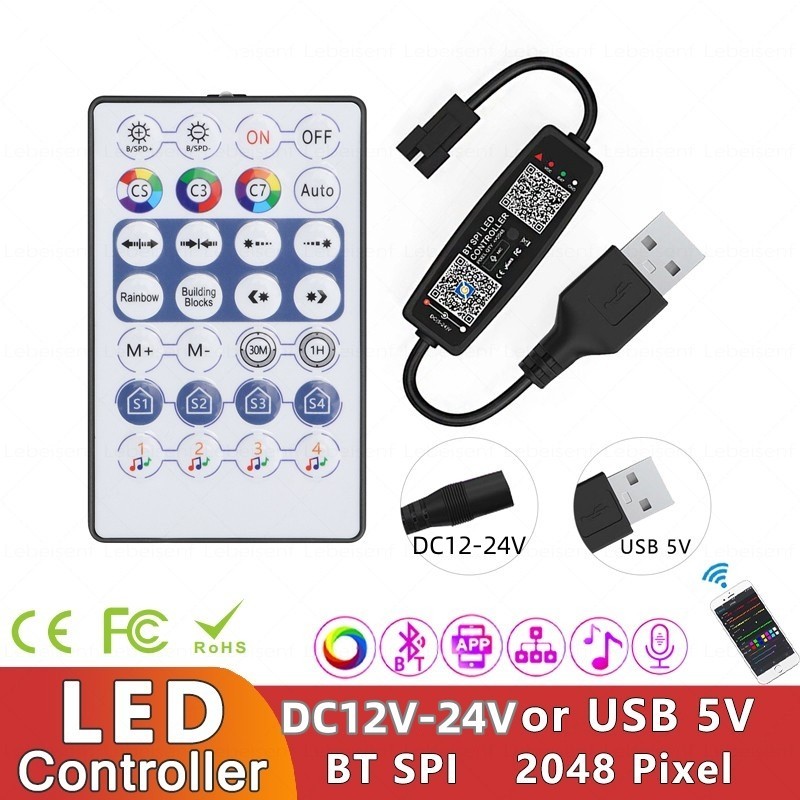 Dc12v-24v DC Plug และ 5V USB SPI WS2812B Controller บลูทูธเพลง APP ควบคุมสําหรับ Pixel LED Strip Light SK6812 WS2811 WS2812 เทปไฟ USB 5V รีโมทคอนโทรล