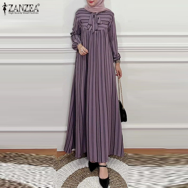 Zanzea ผู ้ หญิงมุสลิมลูกเรือคอหลวม Lace-Up Pleats ชุดเดรสลายไม ่ สม ่ ําเสมอ