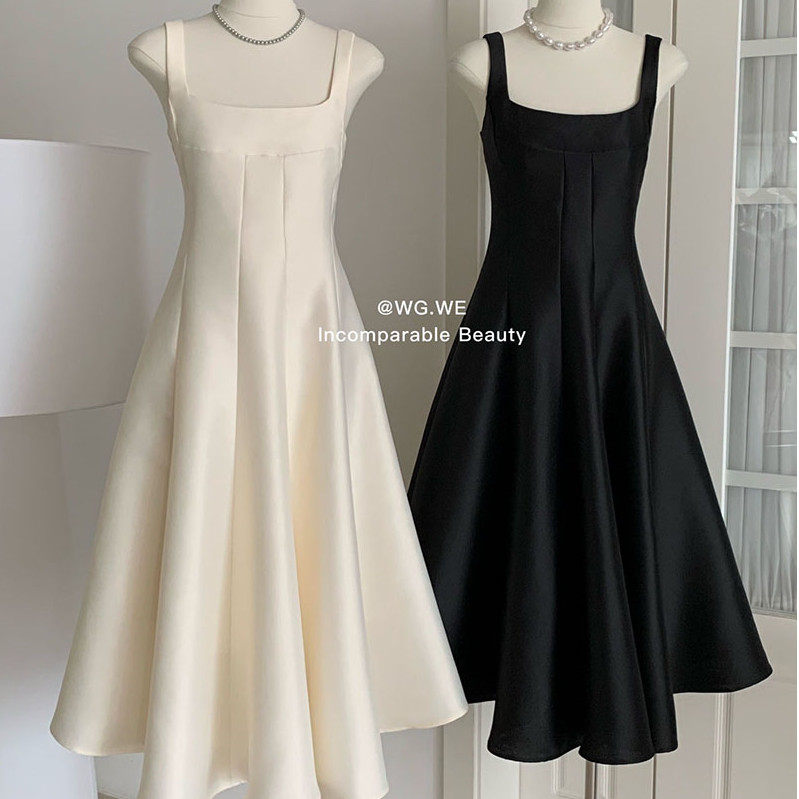 แฟชั ่ นใหม ่ Hepburn ชุดเดรส Glossy Feel เอว Cinched Suspender ชุดอย ่ างเป ็ นทางการ