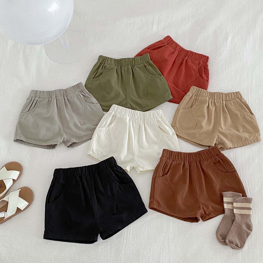 0-6 ปีเด็กกางเกงขาสั้นสีทึบ 5 สีเด็กชายและเด็กหญิงกางเกงขาสั้นยืดหยุ่นเข็มขัดบางสไตล์เด็กกางเกงขาสั้น