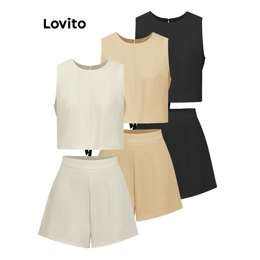 Lovito โบว์ธรรมดาสบาย ๆ กลับลูกไม้ขึ้นด้านบนหรือกางเกงขาสั้นสำหรับผู้หญิง L77ED396